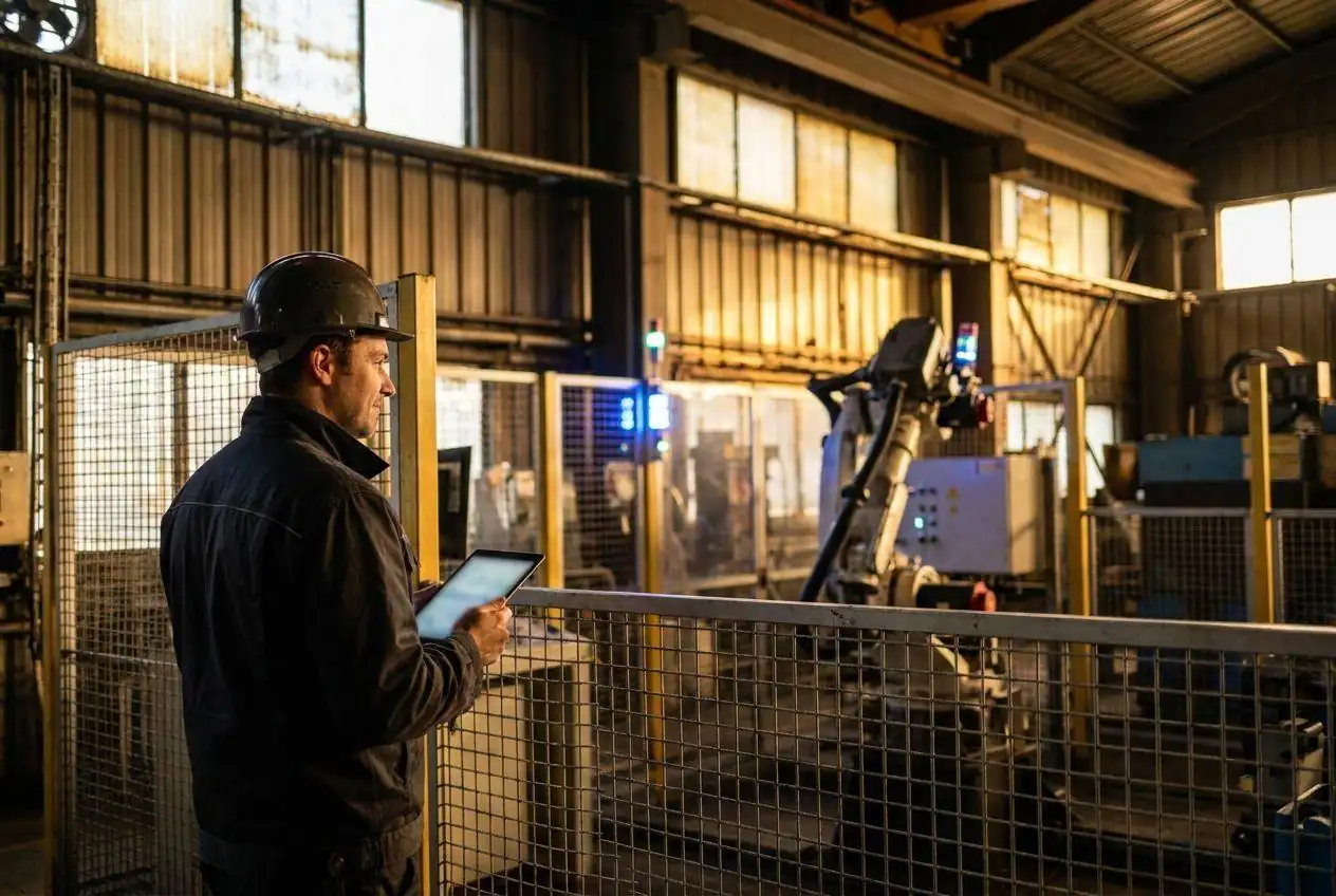 Techniker mit Tablet an der Roboterzelle in der Fertigung